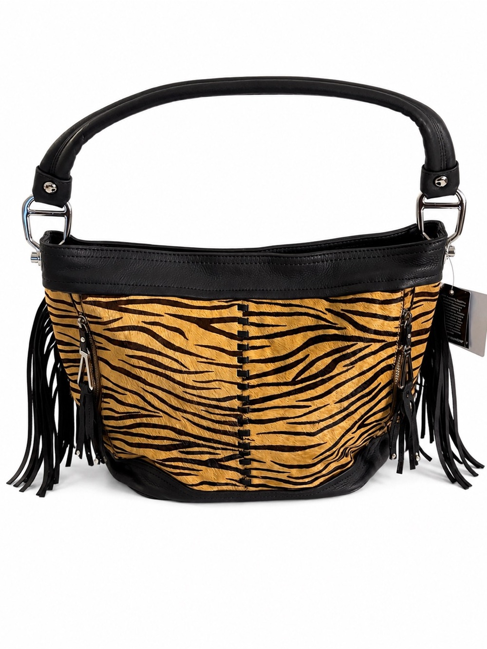 NWT B. Makowsky Genuine Leather Cow Hair Shoulder Bag Purse Tiger